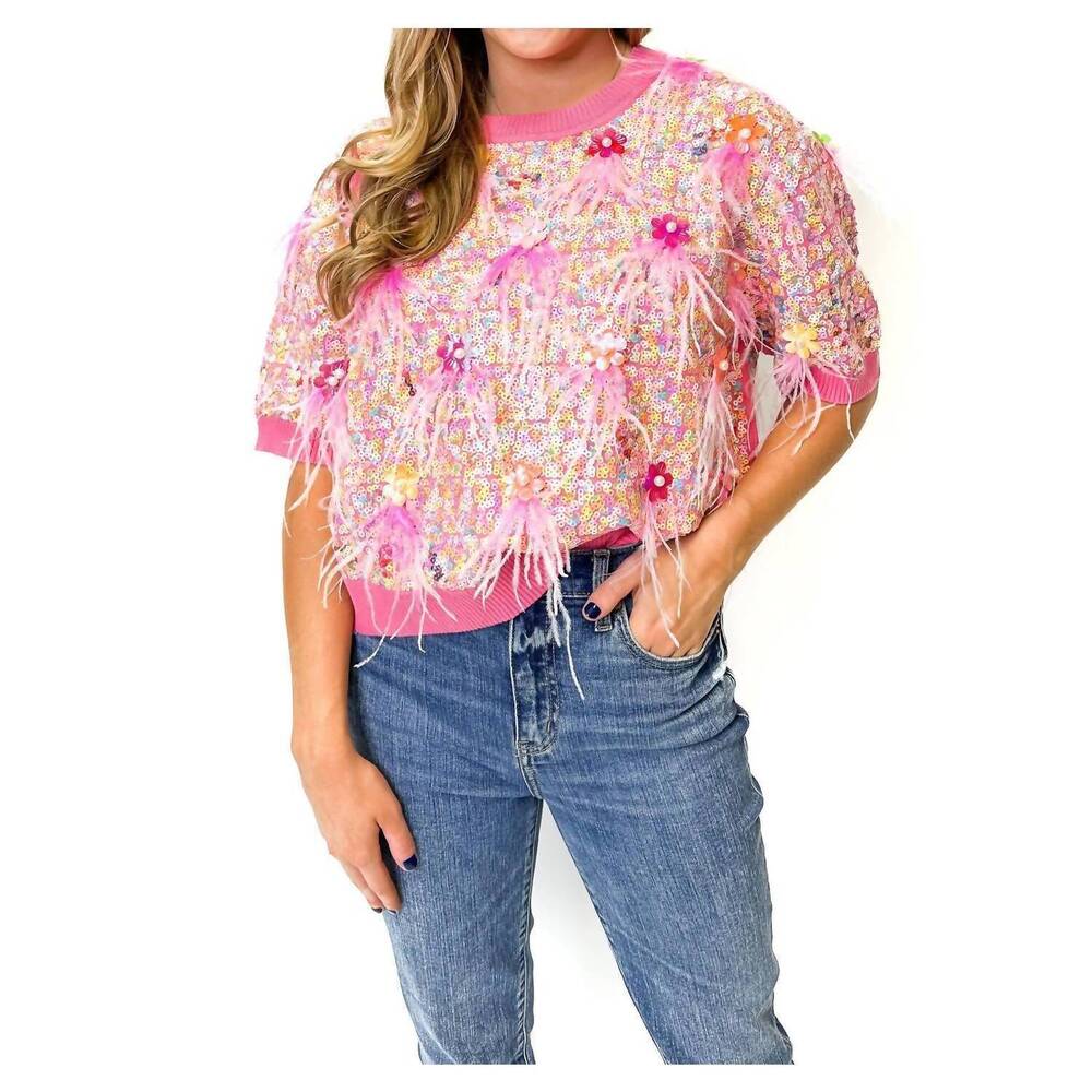 Embellished Pink Feather & Sequin Short Sleeve Sweater Top